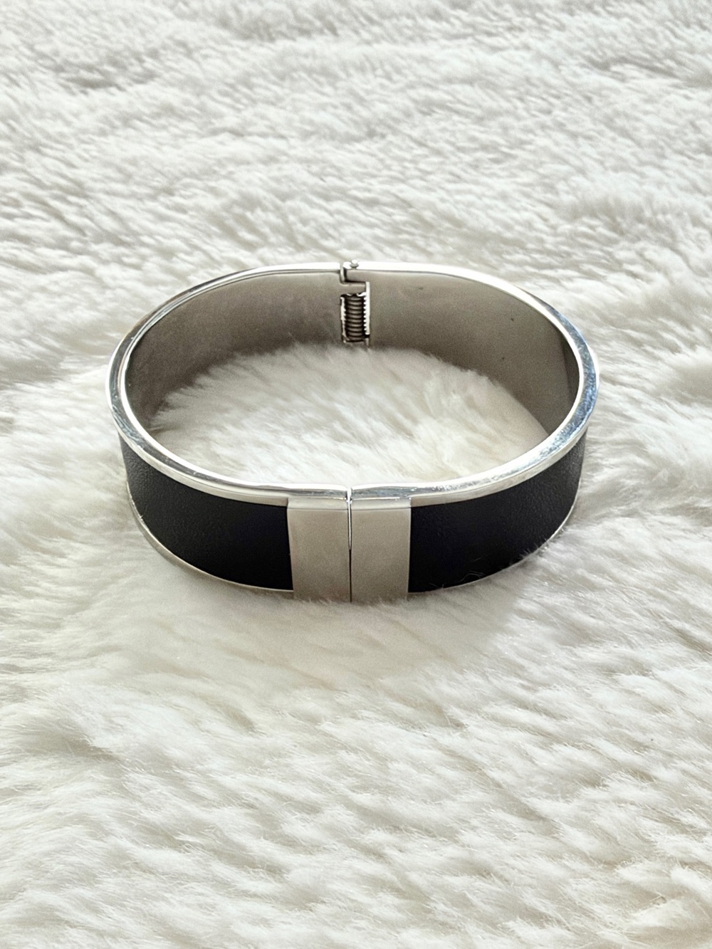 Stainless Steel Faux Leather Hinge Bracelet Black Silver